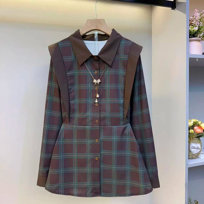 大码女装翻领收腰格子衬衫