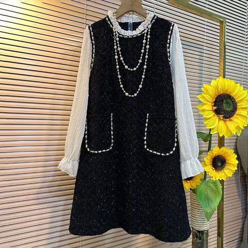 大码女装圆领双兜亮丝连衣裙