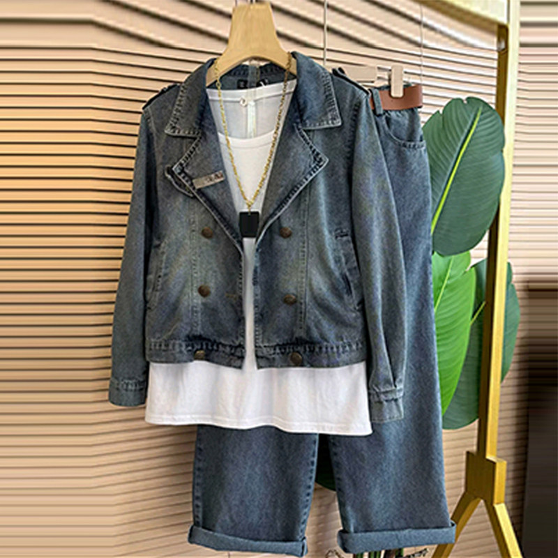 加大码女装翻领长袖上衣长裤胖妹妹气质欧洲站洋气百搭牛仔两件套