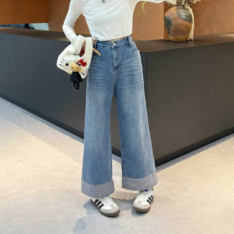 加肥拼色格子裤脚阔腿裤子