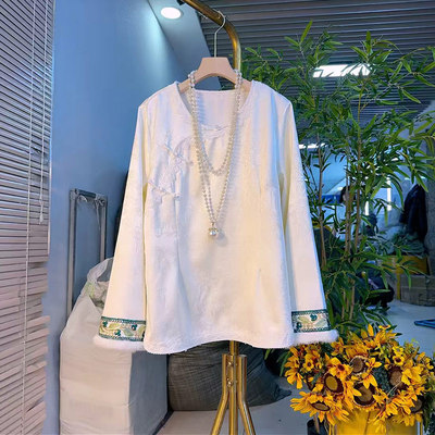 拼接花朵毛边袖口新中式小衫上衣