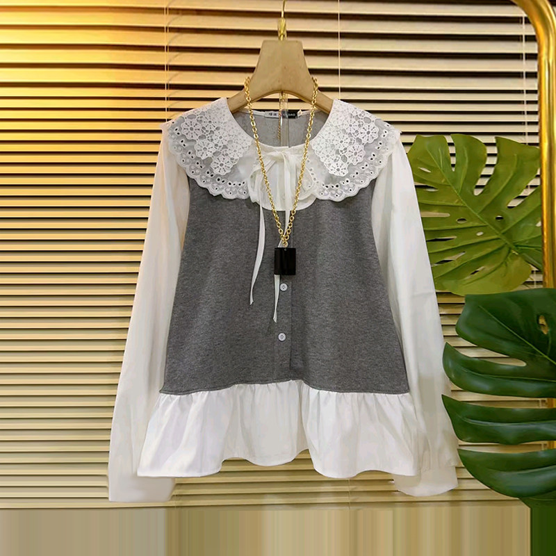 加肥蕾丝娃娃领拼色马甲长袖假两件上衣胖妹妹宽松遮肚子百搭小衫,女装/女士精品,大码内搭,淘宝优惠券,粉丝福利购,淘宝优惠卷