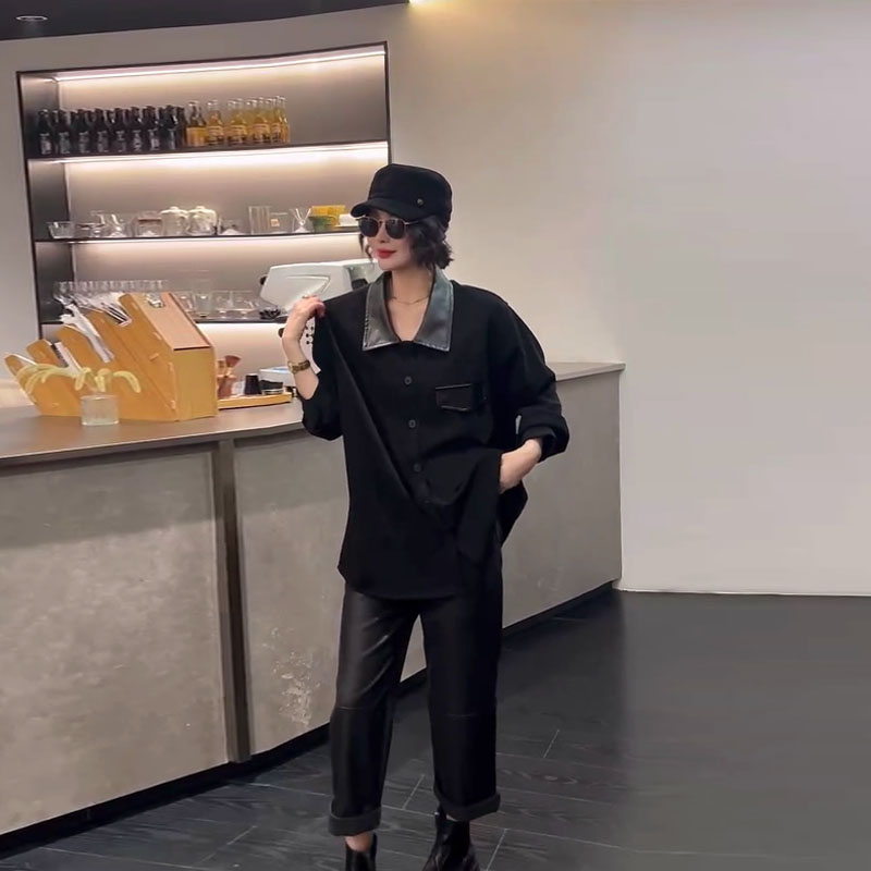 胖MM拼皮翻领长袖衬衫欧洲站大码女装2026秋季款百搭黑色显瘦上衣