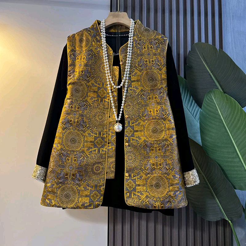 拼色袖口小衫立领花纹国风马甲