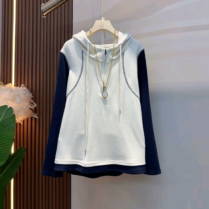 大码女装拼色长袖连帽上衣