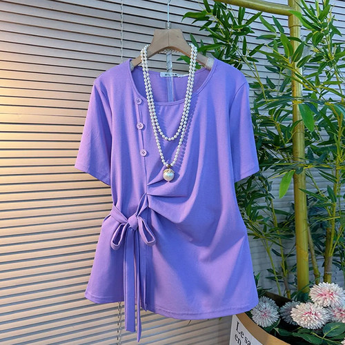 胖妹妹侧系带短袖圆领上衣