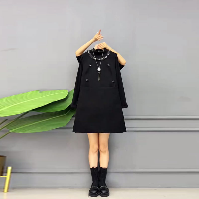 立领长袖打底衫亮片领马甲裙套装