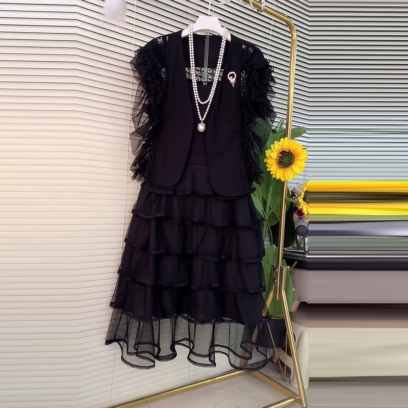 大码女装荷叶边马甲蛋糕裙两件套