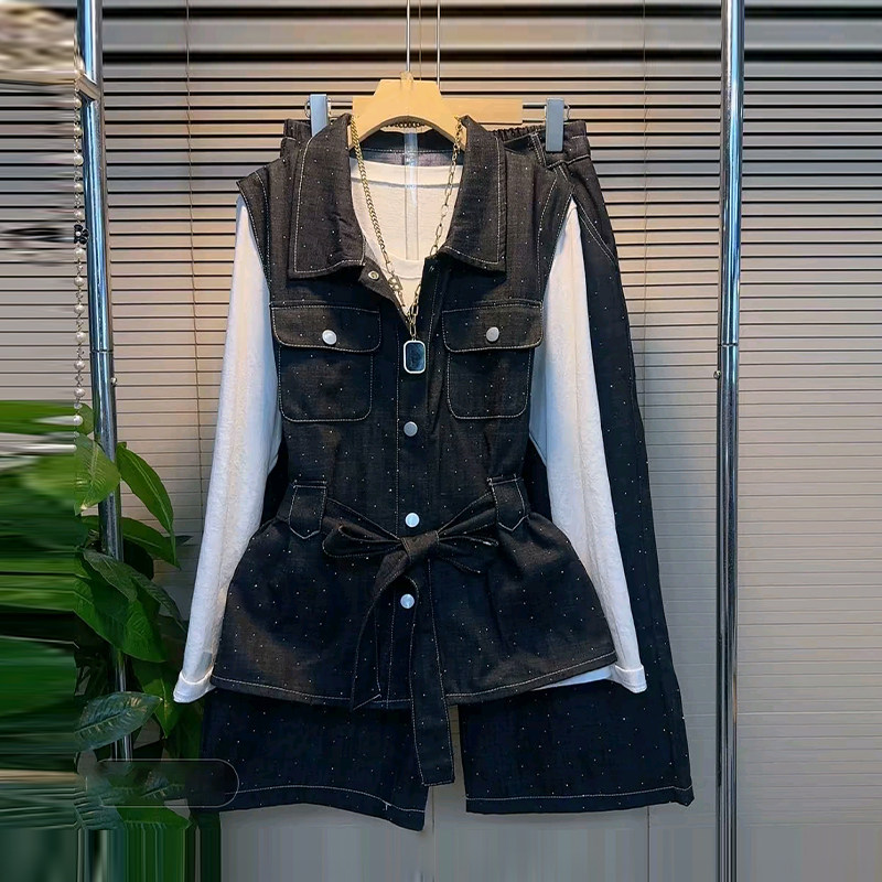 加大码女装翻领收腰系带马甲阔腿裤子牛仔两件套胖妹妹长袖打底衫