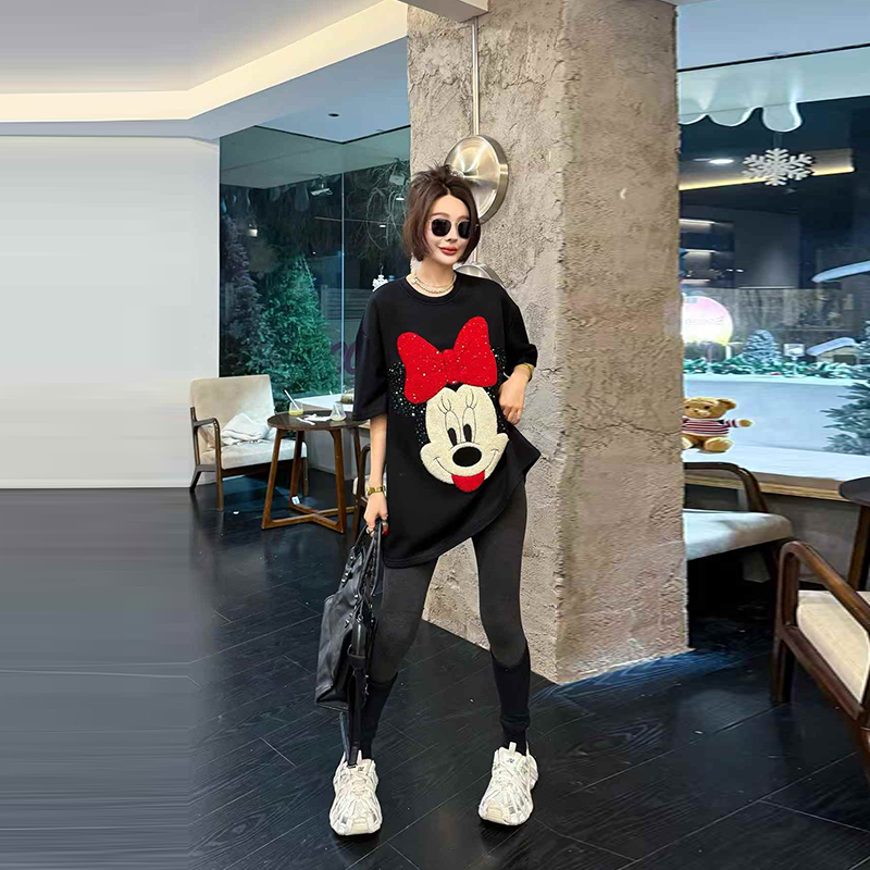 亮钻植绒卡通图案短袖上衣