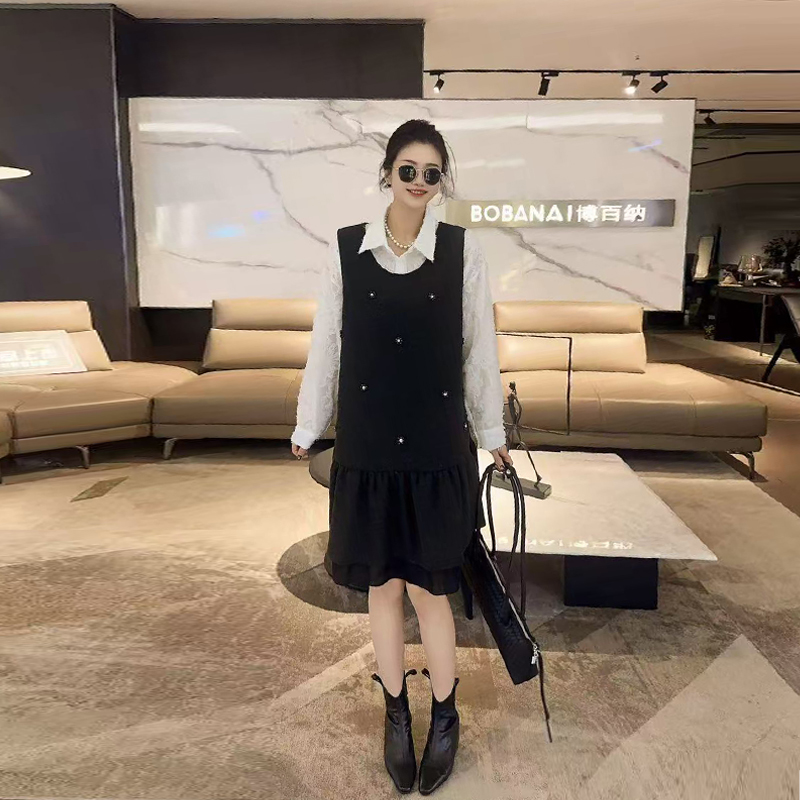 翻领长袖衬衫（两件套）马甲裙