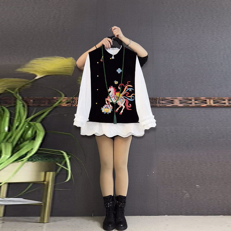 胖MM减龄立领刺绣图案马甲加肥大码女装宽松遮肚子荷叶边袖口衬衫,女装/女士精品,大码内搭,淘宝优惠券,粉丝福利购,淘宝优惠卷