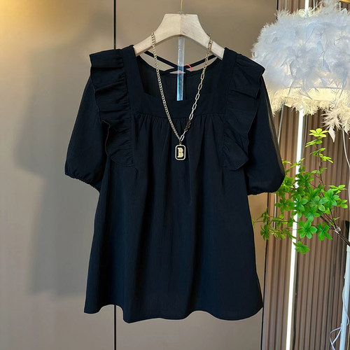 后背交叉带荷叶肩松紧休闲小衫