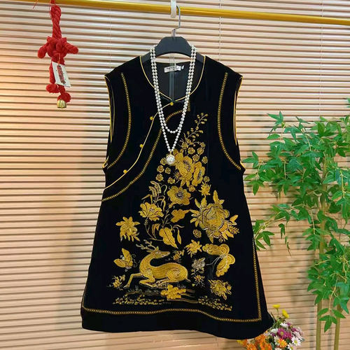 大码女装拼色花朵国风马甲