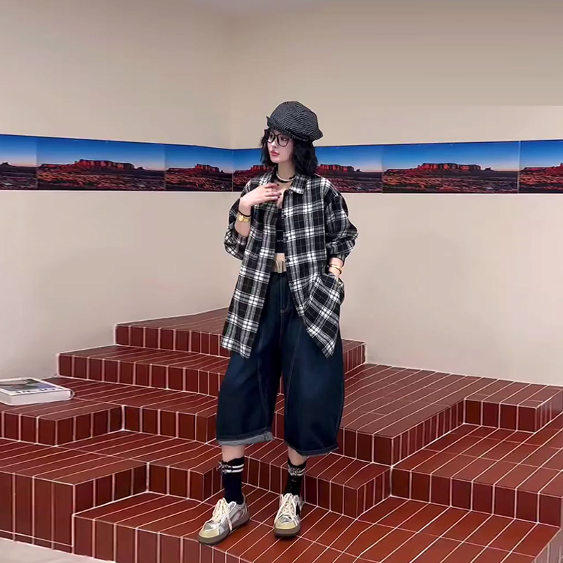 大码女装翻领长袖格子衬衫