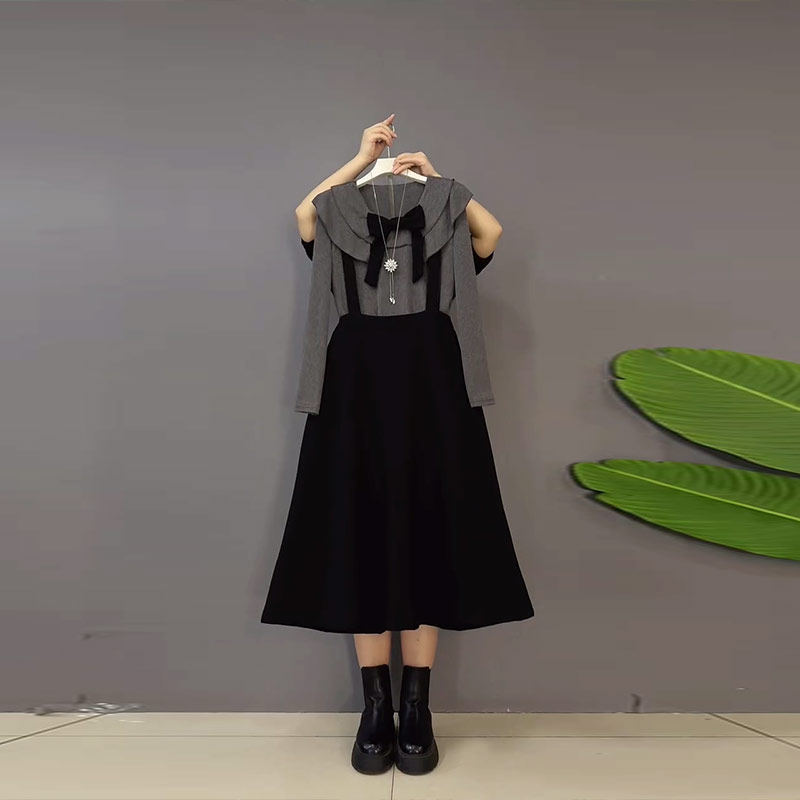 大码女装蝴蝶结娃娃领长袖打底衫背带半身裙胖妹妹时尚减龄两件套,女装/女士精品,大码套装,淘宝优惠券,粉丝福利购,淘宝优惠卷