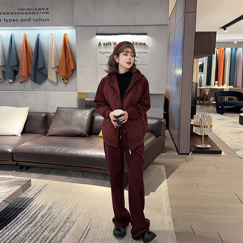 连帽长袖拼菱形格外套长裤两件套