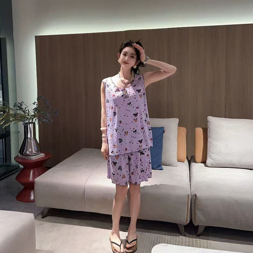 圆领木耳边背心短裤家居两件套