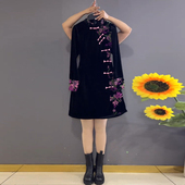 立领盘扣拼接花朵复古风时尚 大码 女装 改良旗袍裙胖妹妹显瘦连衣裙