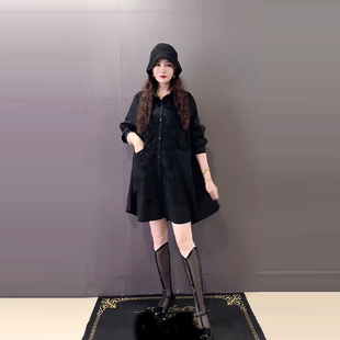 宽松遮肚子大码 衬衫 女装 秋季 黑色百搭上衣 胖妹妹翻领中长款 款 长袖