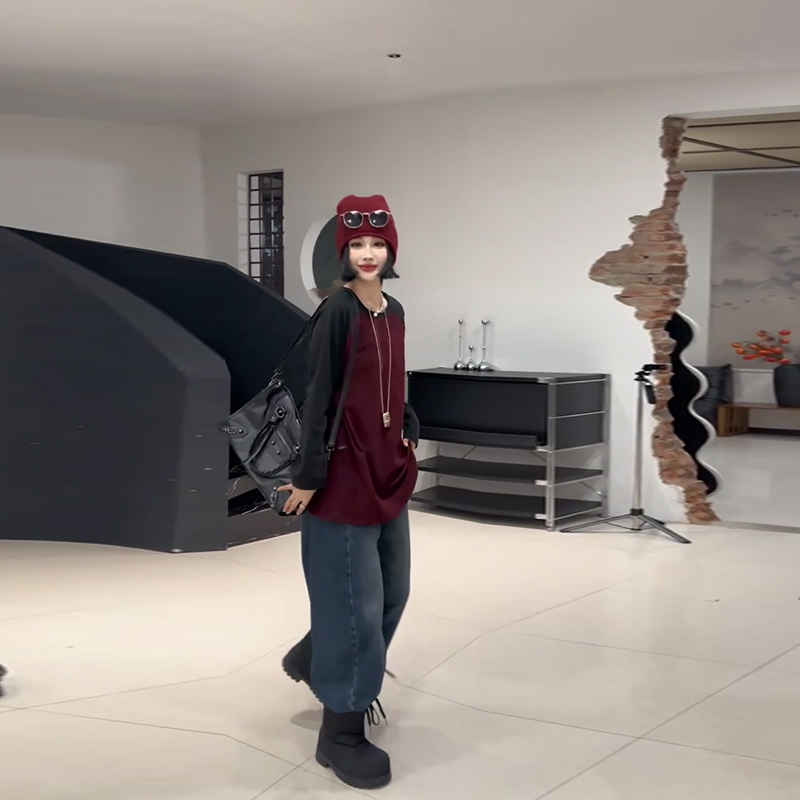 大码女装圆领拼色长袖T恤衫