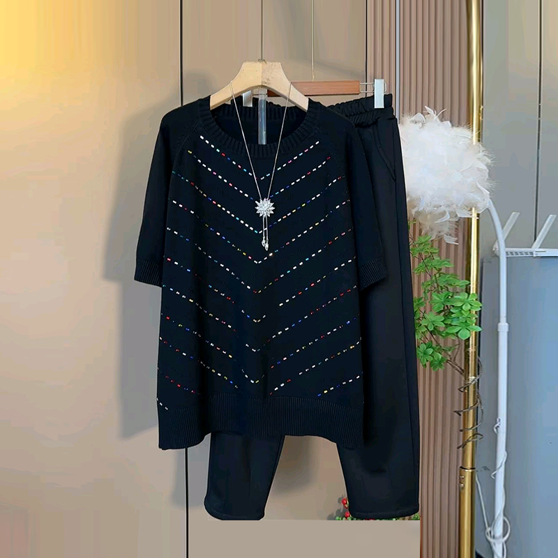 松紧腰加绒裤子彩色亮钻针织衫