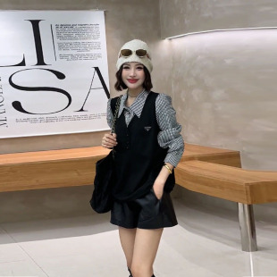 加大码女装拼色格子翻领长袖假两件上衣设计感胖妹妹秋季韩版衬衫