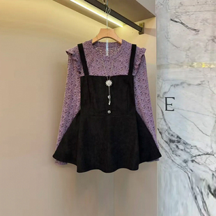 百搭减龄小衫 胖妹妹拼色吊带假两件长袖 女装 小众设计大码 上衣法式