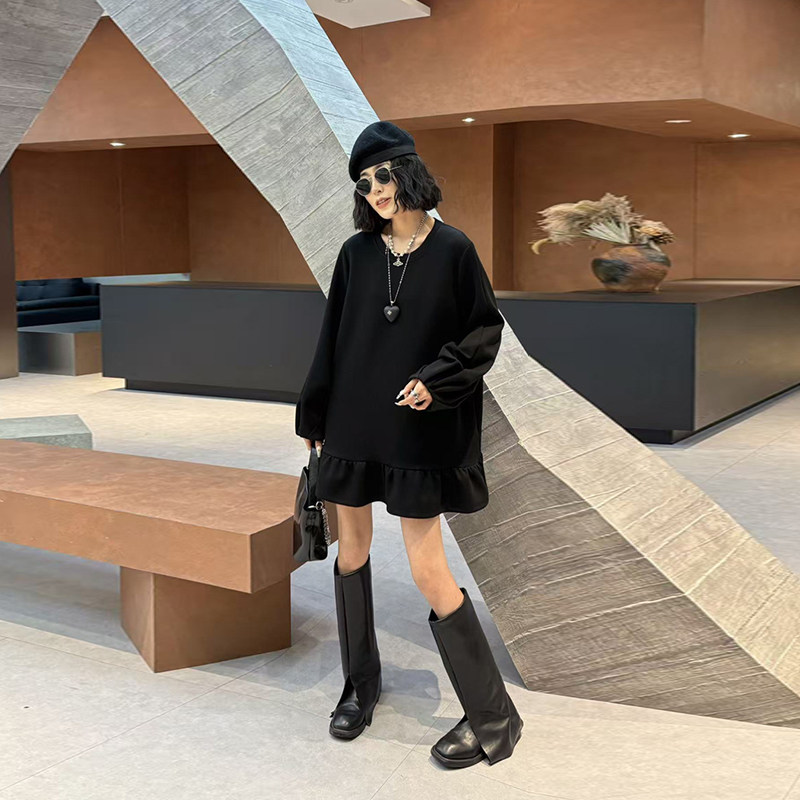 大码女装拼荷叶边底摆长袖卫衣胖妹妹黑色显瘦宽松遮肚子百搭上衣,女装/女士精品,大码内搭,淘宝优惠券,粉丝福利购,淘宝优惠卷