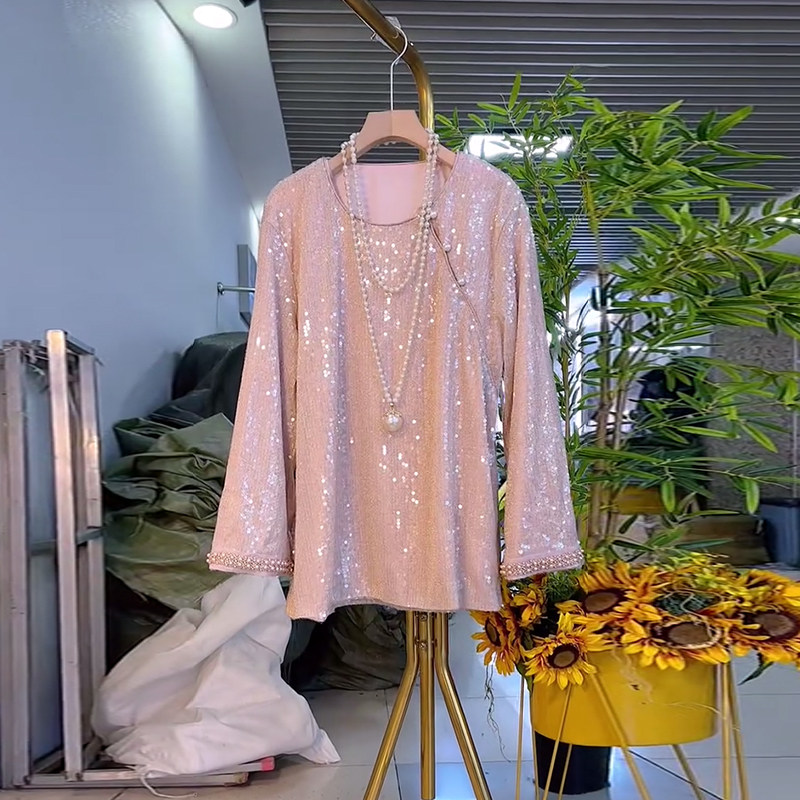 大码女装圆领钉珠袖口亮片新中式小衫加肥气质新中式时尚百搭上衣,女装/女士精品,大码内搭,淘宝优惠券,粉丝福利购,淘宝优惠卷