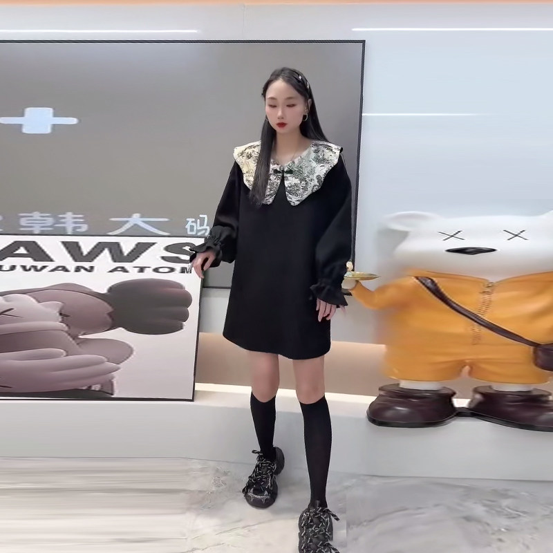 加肥拼色娃娃领盘扣长袖连衣裙韩版大码女装宽松遮肚子显瘦休闲裙