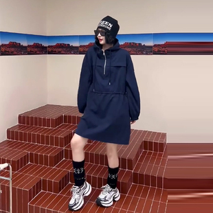 中长款 胖MM加肥连帽半拉链长袖 收腰连衣裙大码 女装 宽松显瘦卫衣裙