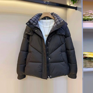 简约显瘦百搭韩版 大码 款 连帽拼接格子立领棉服胖妹妹冬季 外套 女装