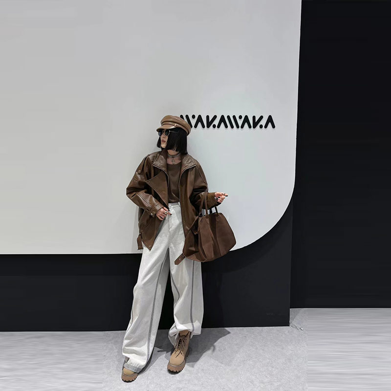 翻领长袖开衫PU皮外套酒上衣