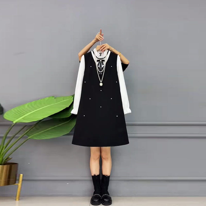 大码女装荷叶立领长打底衫V领马甲裙加肥韩版减龄胖MM显瘦两件套