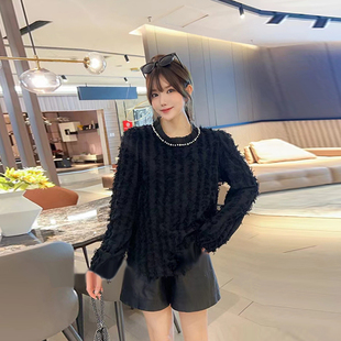 大码女装长袖流苏毛毛小衫胖妹妹秋冬款百搭减龄法式小众设计上衣