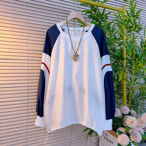 大码女装圆领拼色长袖上衣