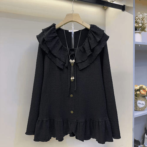 大码女装荷叶翻领长袖小衫