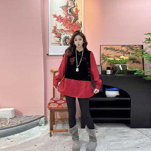 加肥胖MM立领斜襟拼色长袖上衣韩版大码女装2026新款百搭减龄小衫