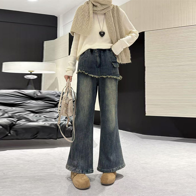 拼接毛边短裙假两件牛仔裤