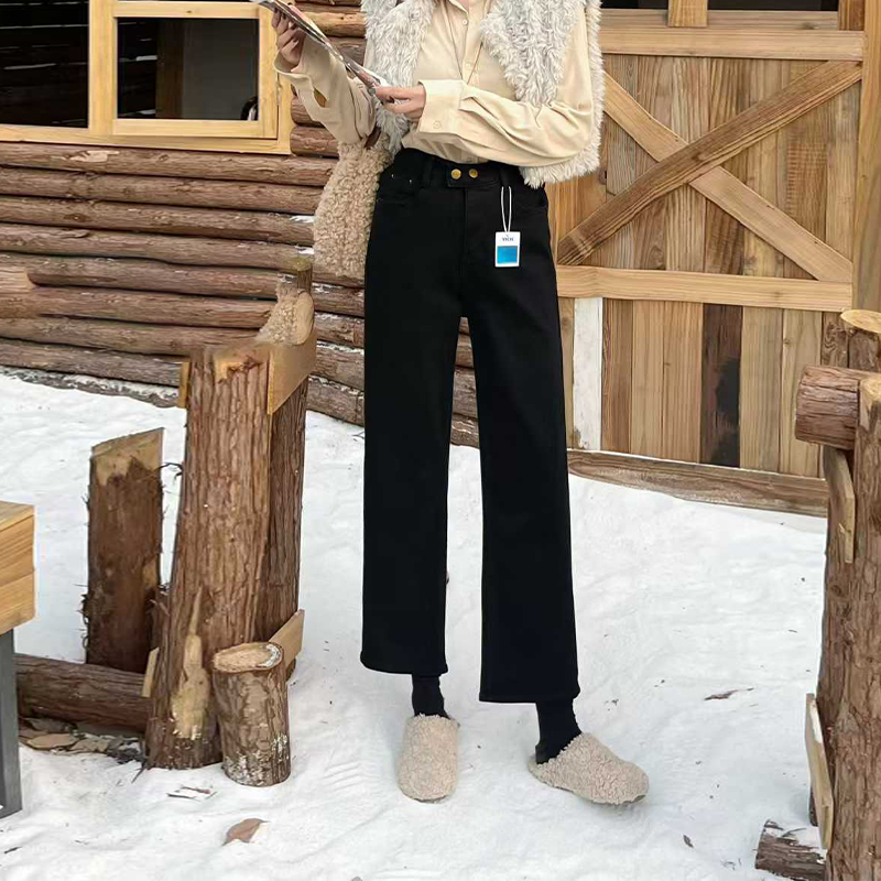 后腰松紧加绒直筒九分裤子