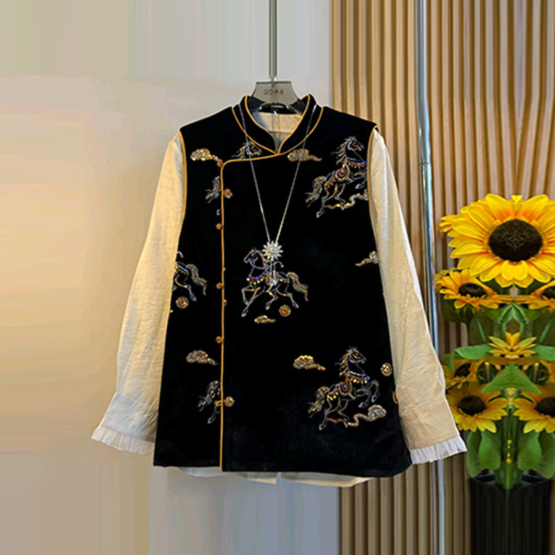 加肥大码女装立领国风马甲胖妹妹韩版简约百搭拼荷叶边袖口小衫潮