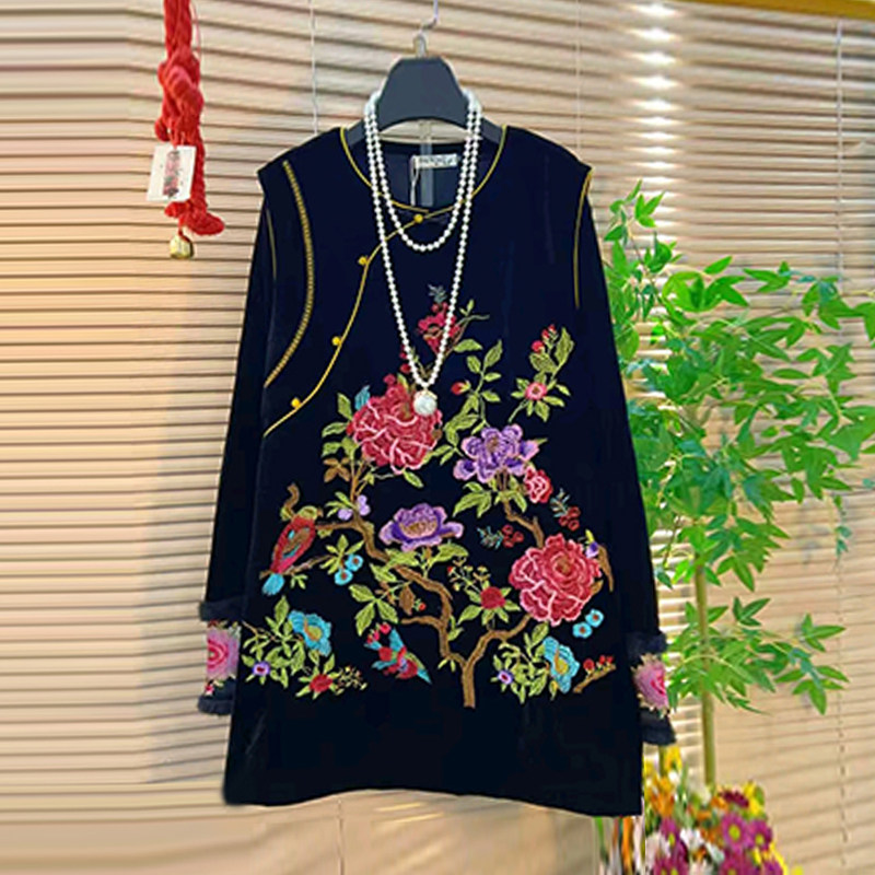 加肥大码女装刺绣花国风马甲裙胖妹妹圆领黑色丝绒拼色袖口小衫潮,女装/女士精品,大码内搭,淘宝优惠券,粉丝福利购,淘宝优惠卷