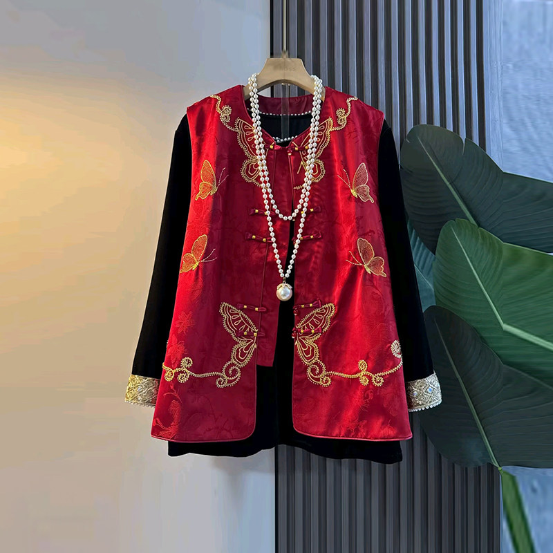 大码女装盘扣蝴蝶图案国风马甲胖MM气质时尚洋气减龄拼色袖口小衫,女装/女士精品,大码内搭,淘宝优惠券,粉丝福利购,淘宝优惠卷