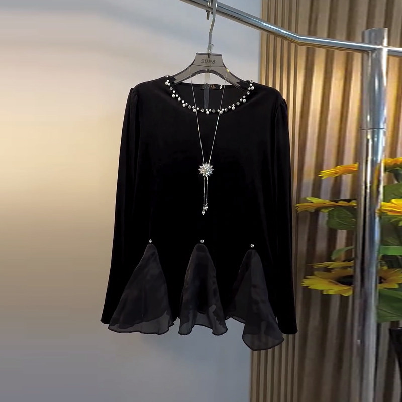 大码女装钉珠亮钻领长袖上衣-