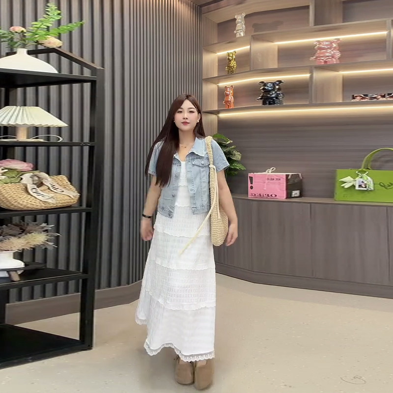 加大码女装翻领毛边牛仔上衣打底裙胖妹妹气质显瘦欧货洋气两件套