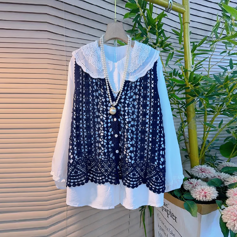 娃娃领长袖衬衫V领针织勾花马甲