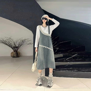 胖妹妹长款 加肥大码 打底衫 圆领长袖 显瘦宽松遮肚子牛仔背带裙 女装