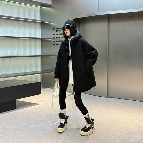 连帽拼接菱形格长袖棉服