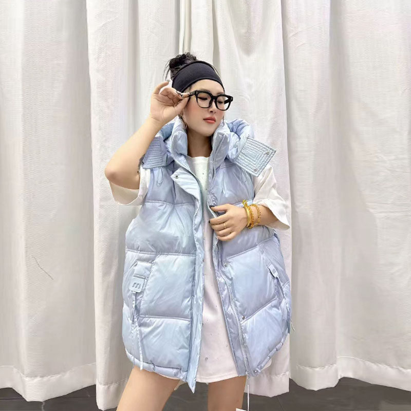 加肥女连帽流苏拉链兜棉马甲中长款遮臀显瘦秋冬款胖妹妹棉服上衣